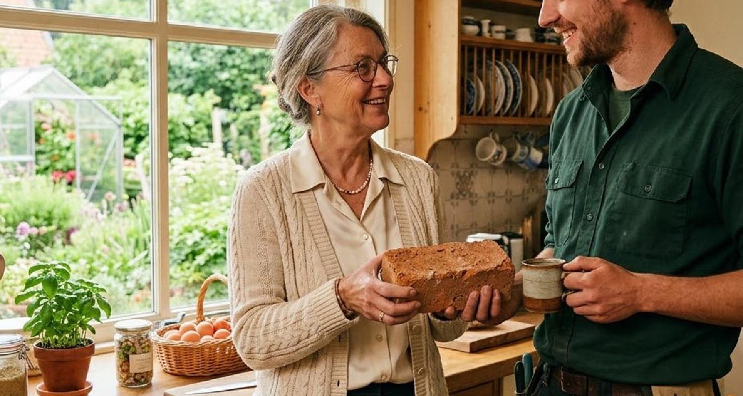 Een vrouw staat in haar keuken tegenover een vakman die een baksteen in zijn hand heeft.