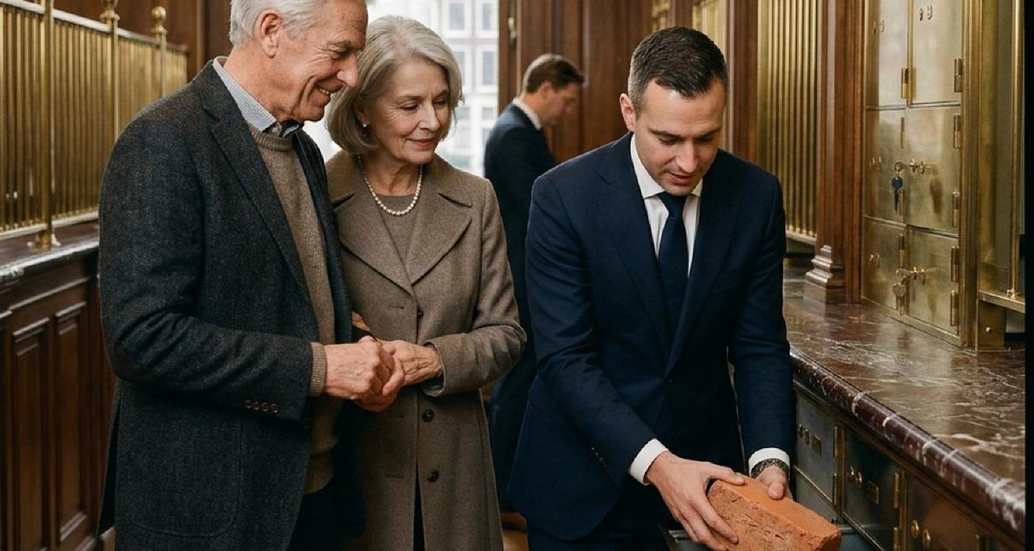 Een echtpaar staat met een adviseur bij een kluisruimte; een van hen houdt een baksteen vast.