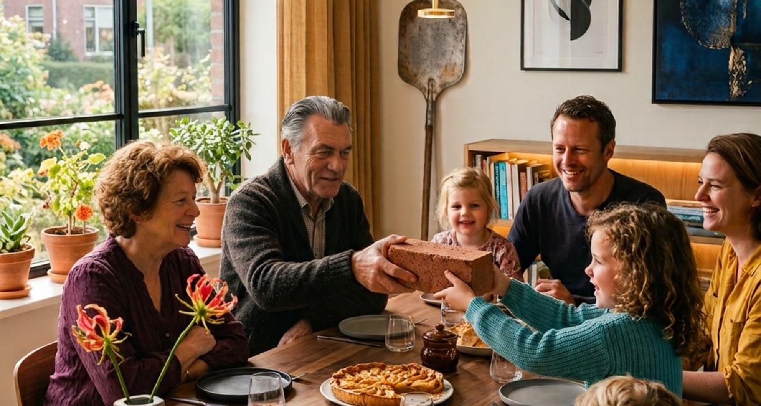 Een familie aan tafel; een van de gasten geeft een baksteen door.
