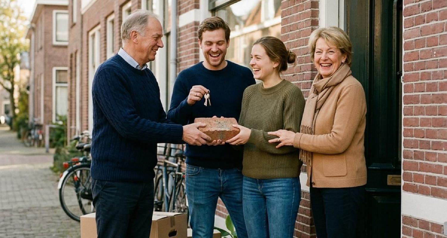 Twee ouders overhandigen bij een voordeur een baksteen aan hun kind en diens partner.